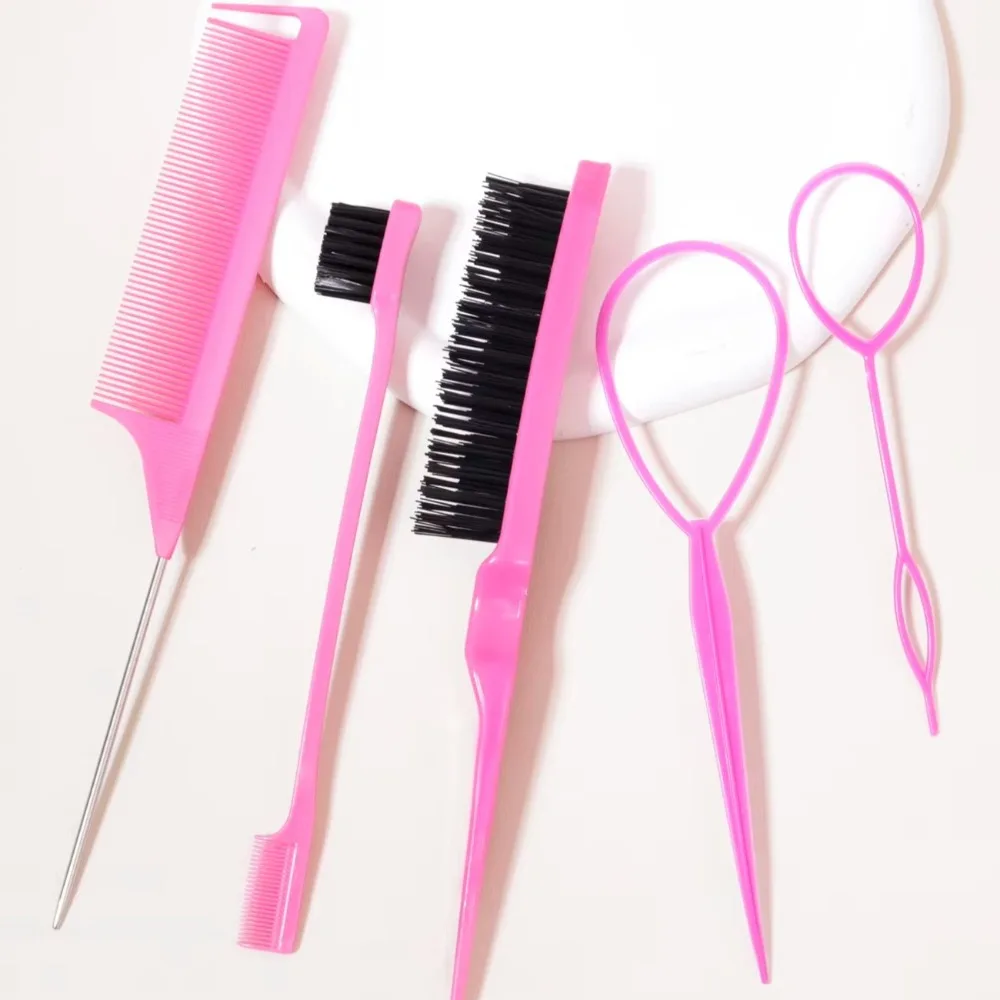 5Pcs/set Grooming Hair Styling Comb Set Edge Brush Rat Tail Comb Slick Brush Set Braid Tool Brushing Combing Teasing Brush