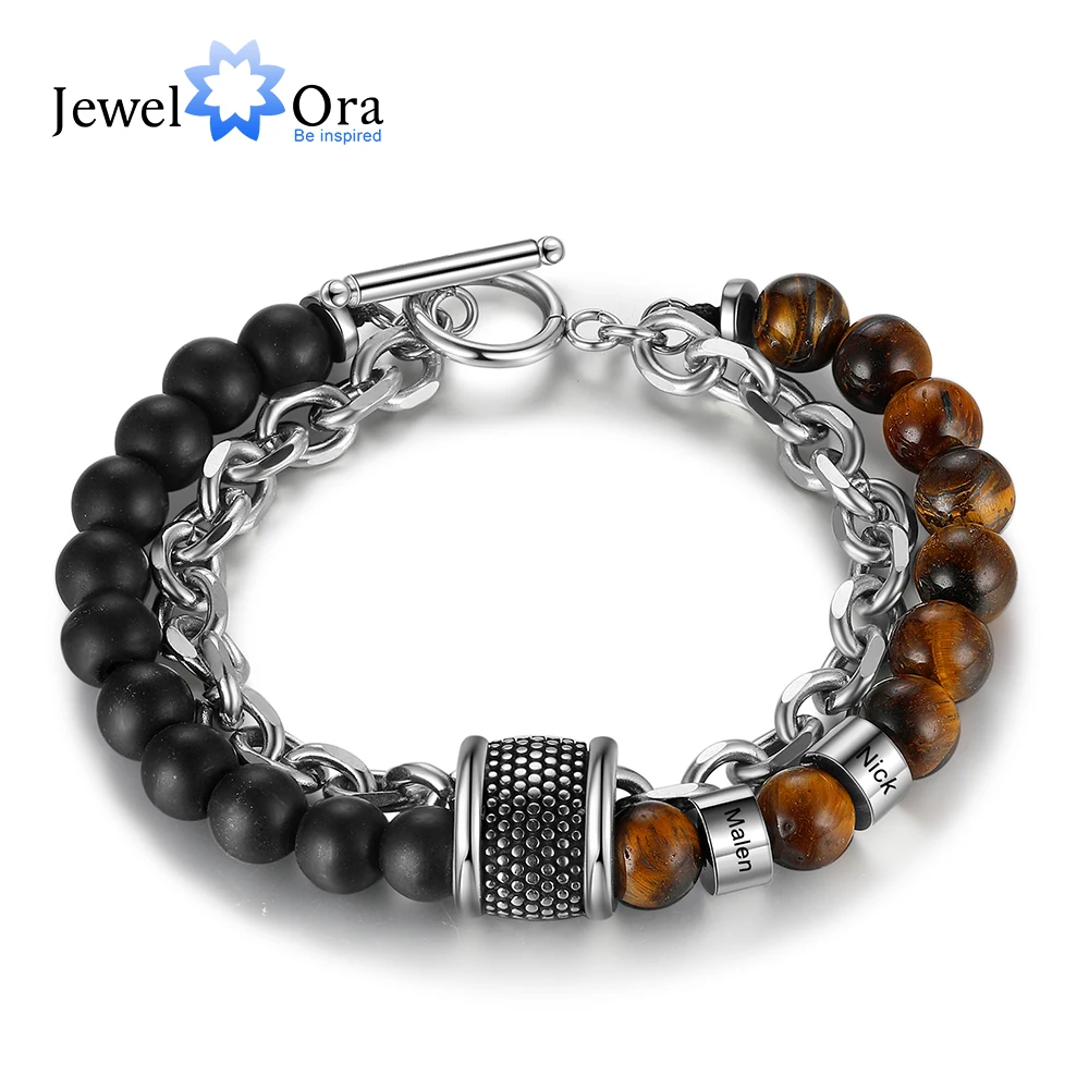 

Personalized Engraved 2 Name Beaded Bracelets for Men Customized Tiger Eye Stone Double Chain Bracelet Christmas Gift for Father