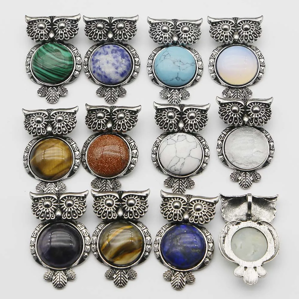 New Natural Semi Precious Stone Vintage Copper Plated Owl Cute Onyx Opal Pendant Charm Fashion DIY Jewelry Making Wholesale12Pcs