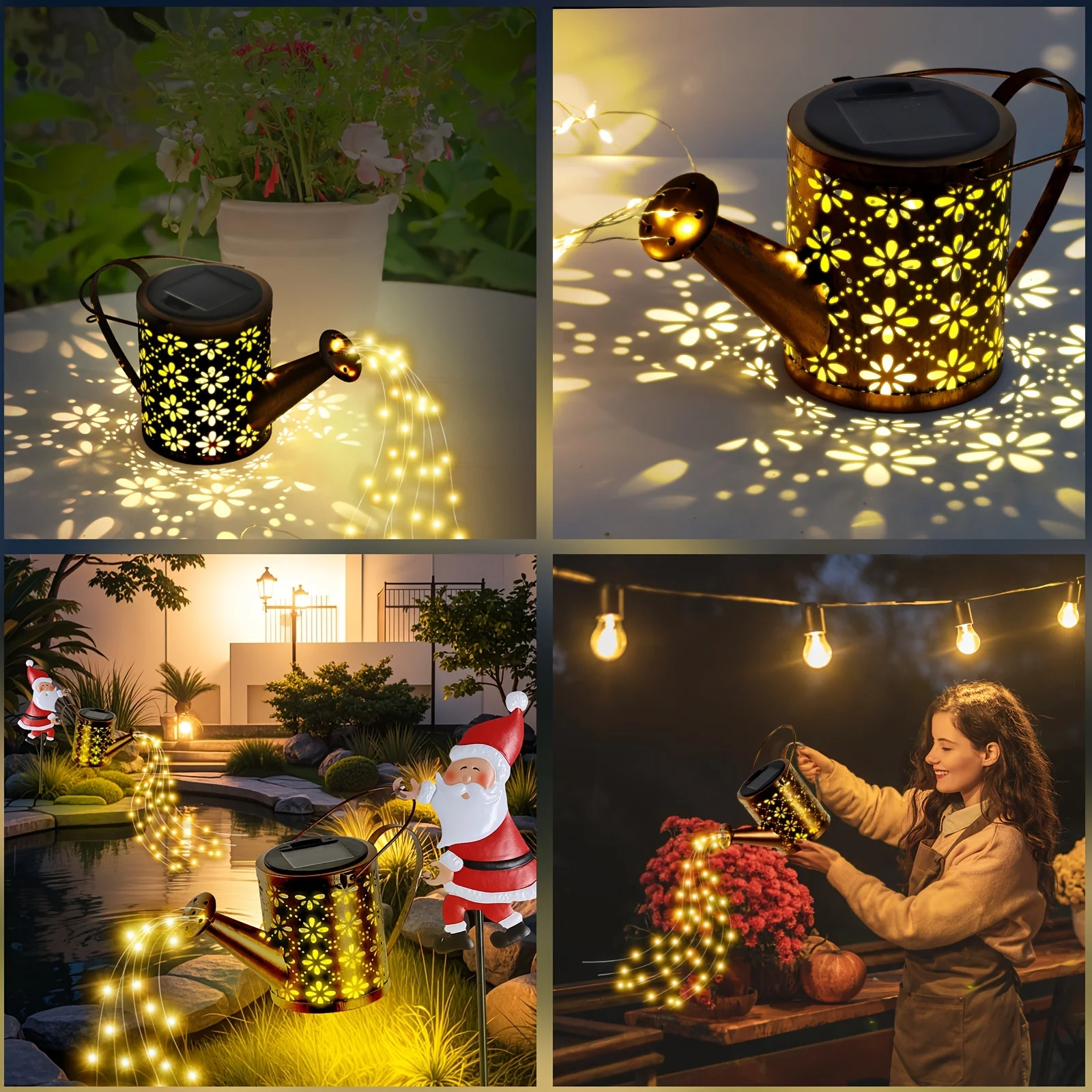 Christmas Santa Solar Kettle Lights – Hanging Metal Watering Can With Colorful LED Lights, Outdoor Garden Decoration, Solar Powered, Weatherproof, Perfect Unique Xmas Gift For Patio Or Yard