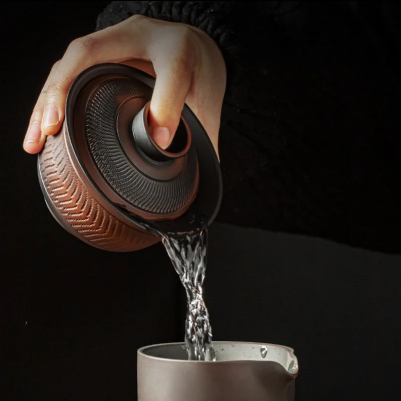Purple Pottery Vintage Gaiwan Ceramic Jump Knife Process Tea Tureen Pigmented Kung Fu Drinkware