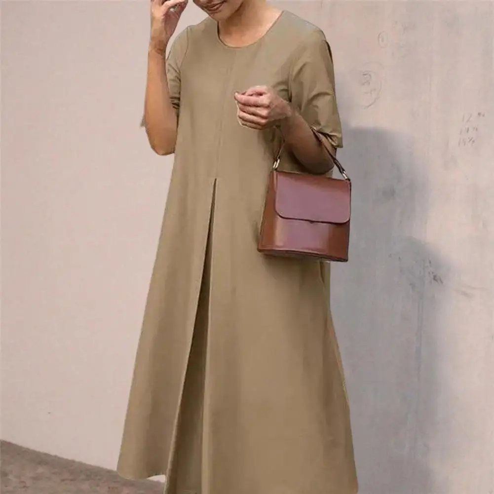 

Soft Fabric Dress Stylish A-line Midi Dress for Women O Neck Short Sleeves Solid Color Pullover Design Big Hem Loose for Dating