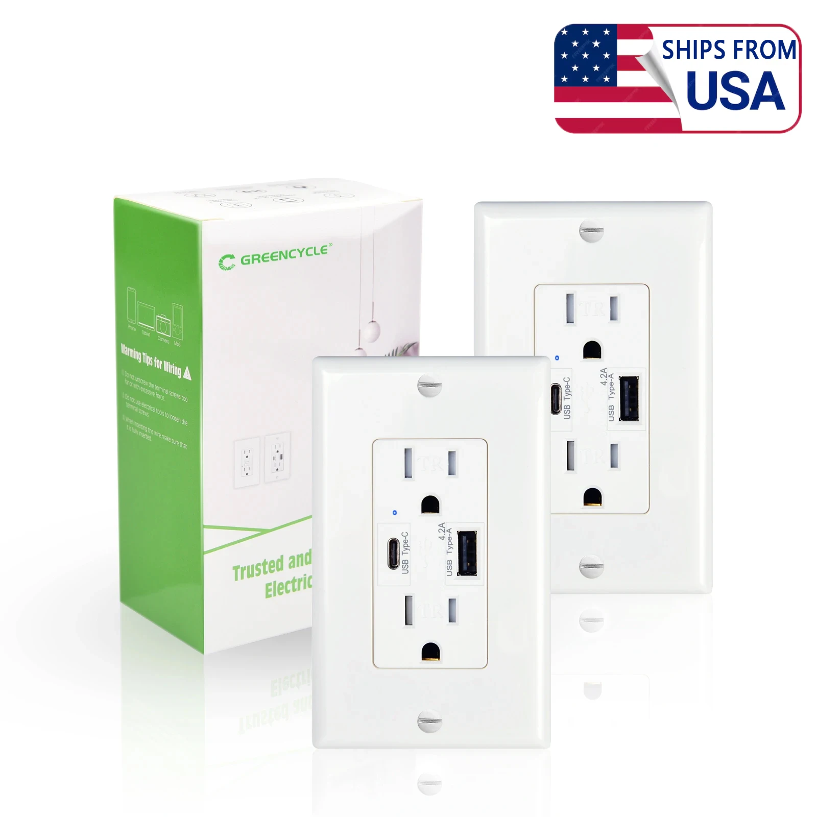 

4.2A/5.8A Dual USB Wall White Outlet Receptacle Type C High Speed Charging Ports 15A TR Duples Socket with Wall Plate UL Listed