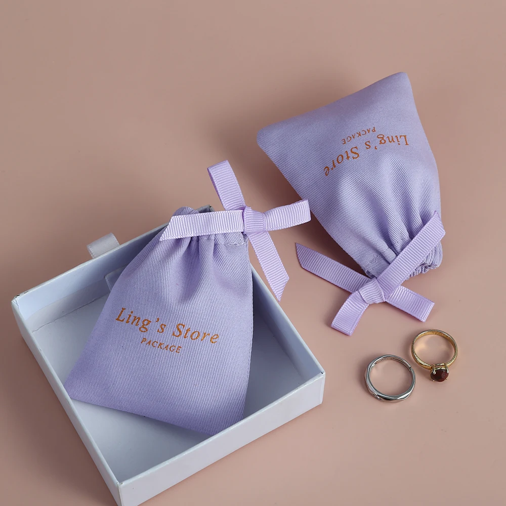 100Pcs Personalized Logo Name Purple Cotton Canvas Jewelry Ring Display Packaging Drawstring Gift Bags Wedding Favors Candy Bag