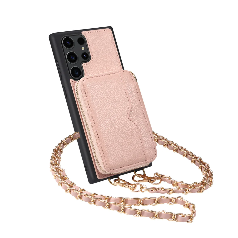 

Чехол-кошелек на молнии для Samsung Galaxy S23 S22 Ultra Plus с зеркальной металлической цепочкой, кожаный чехол с держателем для карт