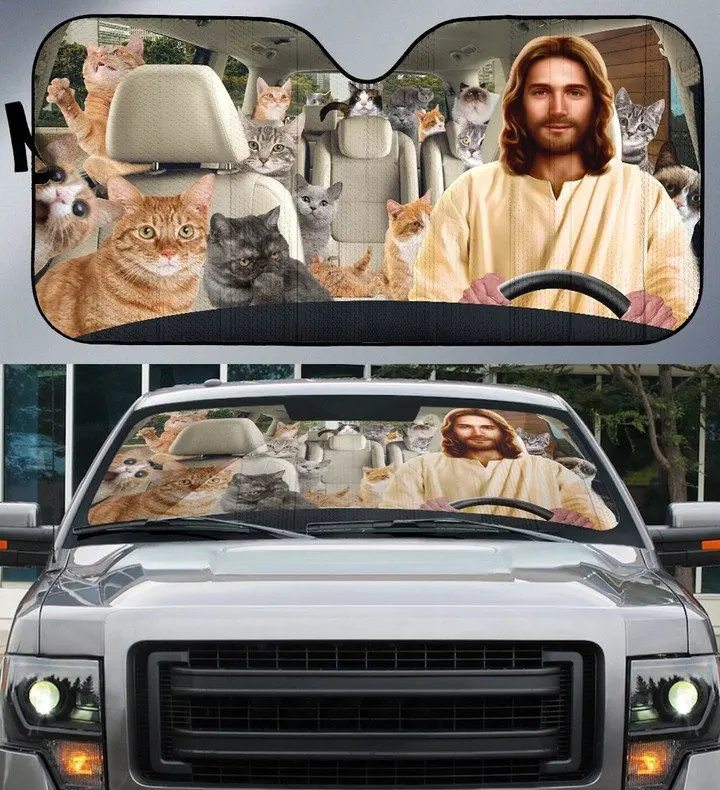DRIVING JESUS AND CAT Auto Windshield Sun Shade Funny Animal