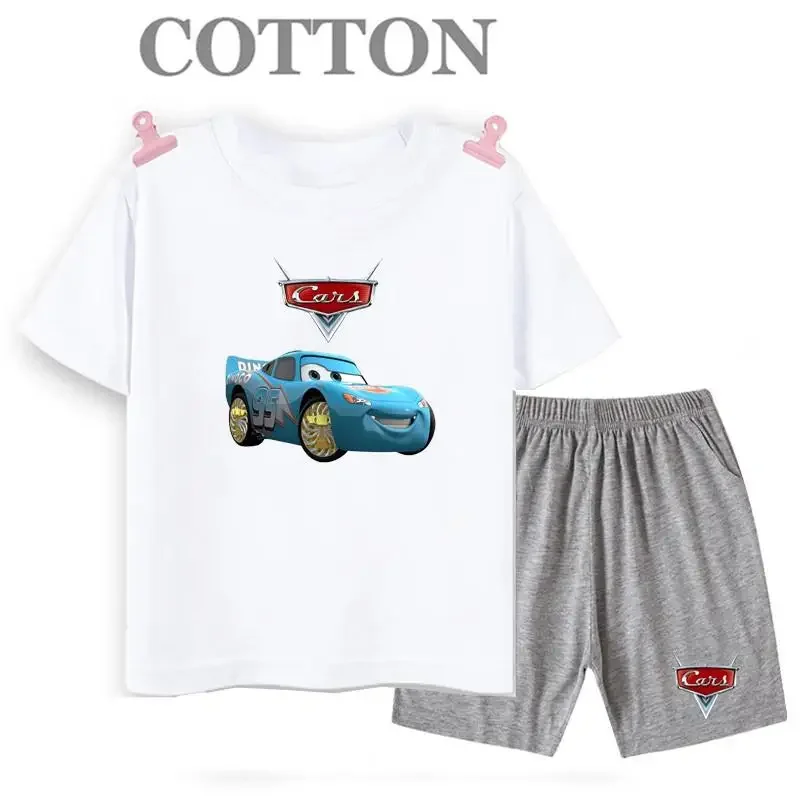 thumbnail image 1 of Conjunto de camiseta y pantalones cortos de verano para niños, camiseta de algodón de manga corta con dibujos de coches y pantalones, conjunto de 2 piezas, ropa para niñas y niños, conjunto para bebés, 1 of 5