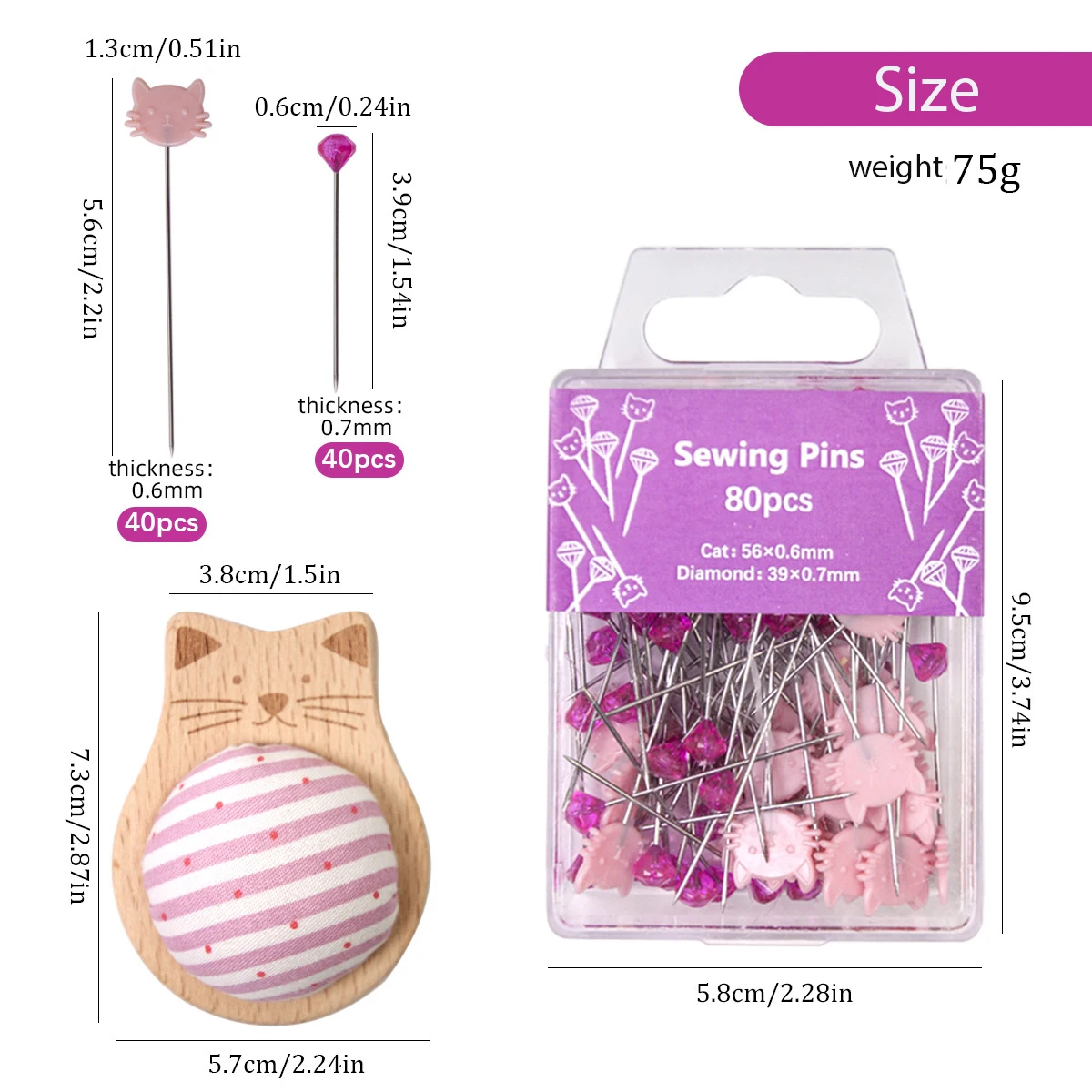 Striped Cat Pin Cushion with 80pcs Positioning Pins Storage Organizer Dressmaker Quilting Supplies for Crafts Making Sewing