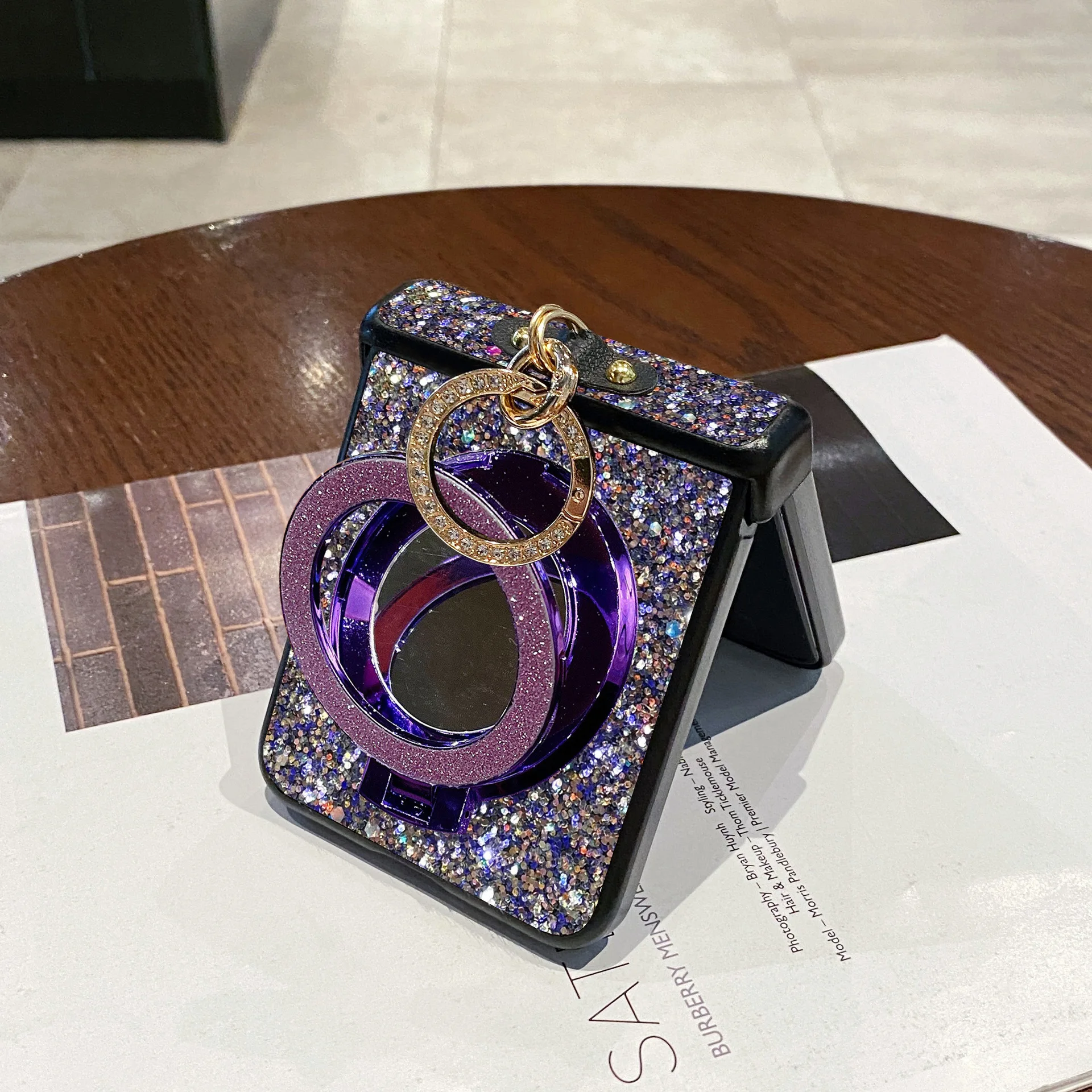 Korean Style Shiny Magnetic Mirror Phone Case with Faux Diamond Ring Buckle