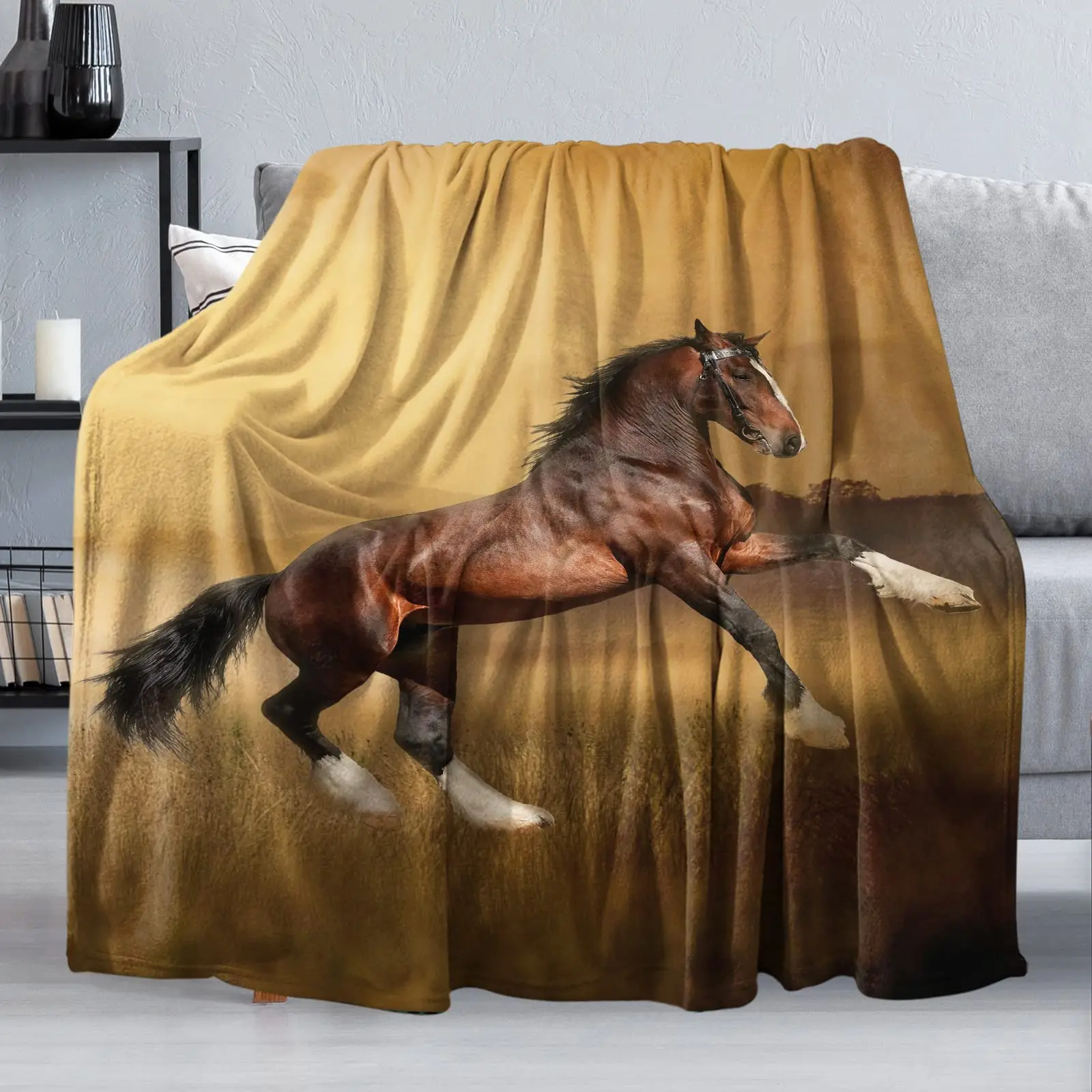 

Wild Animal Horse Blanket Plush Bedspread Quilt for Bed Couch Sofa Cover Soft Warm Fluffy Throw Blankets Portable Lightweight