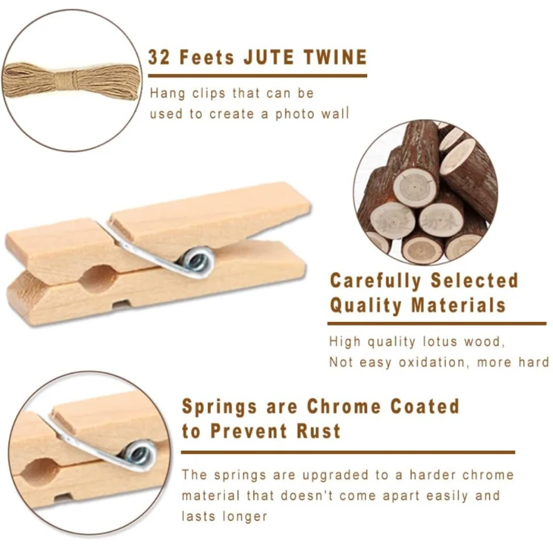 Mini Wood Clothespins with Hemp Rope for Crafts and Photo Displays, Pack of 50