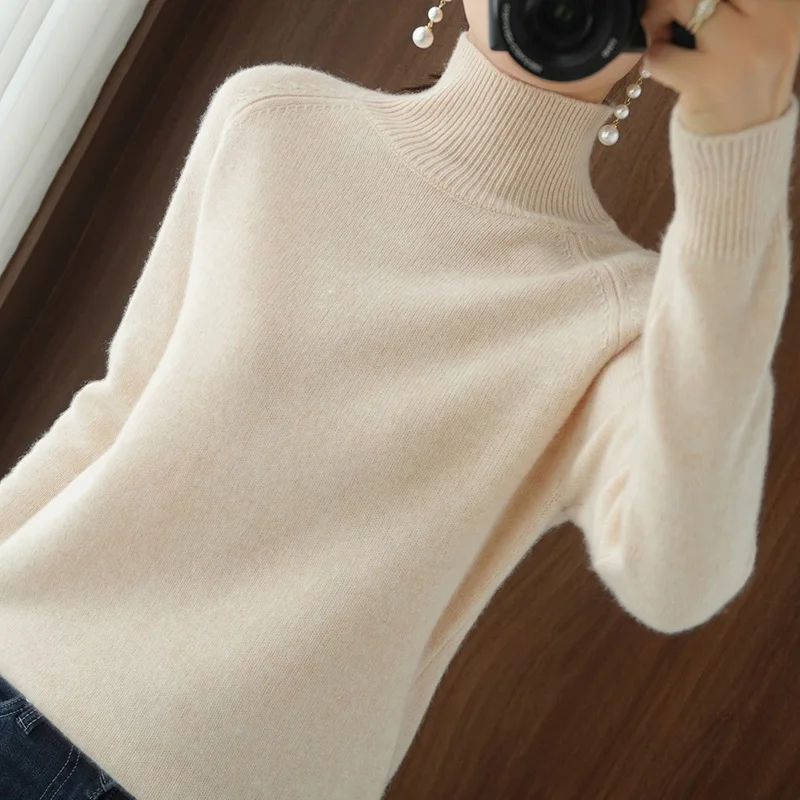 

Fashion Basic Spring Autumn Women 30% Merino Wool Sweater Mock Neck Pullover Slim Cashmere Solid Collar