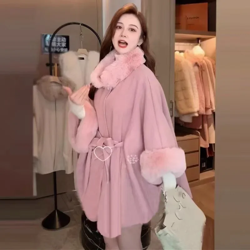 Description Picture 4 of item8 Colors Winter Streetwear Women Fake Woolen Big Pendulum Long Poncho Cloak Faux Rabbit Collar Fur Loose Oversize Coat With Belt