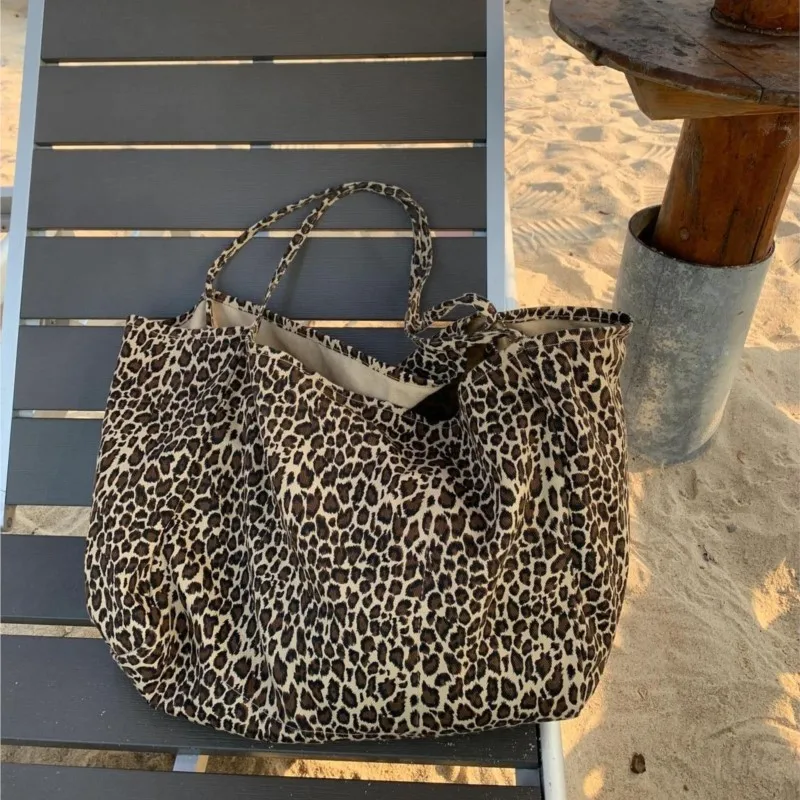 JIAERDI Vintage Leopard Print Tote Bag Handbag Women Retro Large Capacity Casual Shoulder Bags Female Harajuku Canvas Y2k Bags