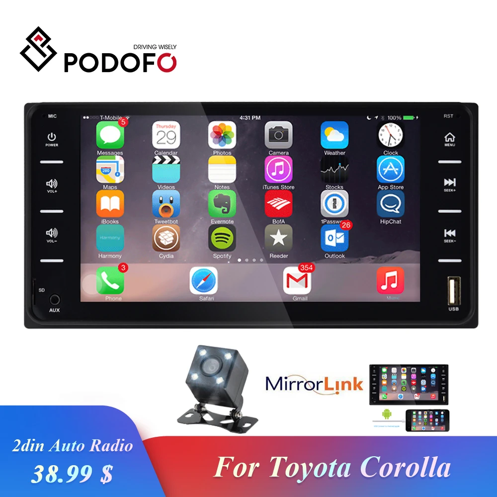 

Автомагнитола Podofo, мультимедийный MP5-плеер на Android/IOS, с 7 "экраном, Bluetooth, камерой MirrorLink, типоразмер 2DIN, для Toyota Corolla