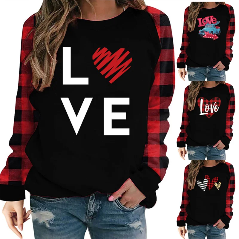 

Women's Valentine's Day Sweatshirt Tops, Long Sleeve Round Neck Letter Plaid Raglan Loose Pullovers