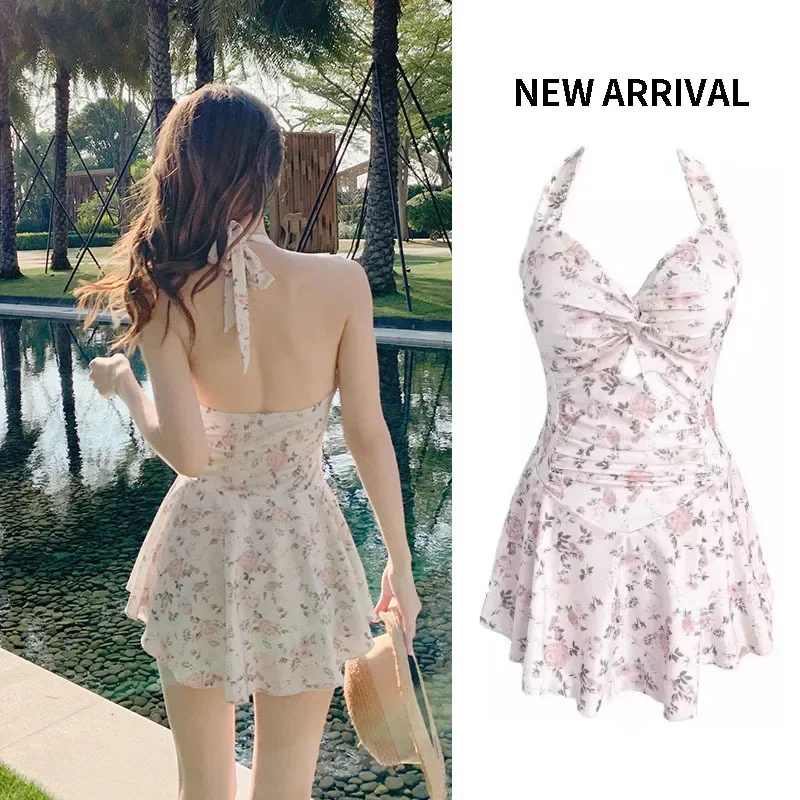 

Sweet Cute Swimwear Women Hanging Neck Flower One-piece Beach Dress Swimsuit High Waist Bathing Suit for Girls