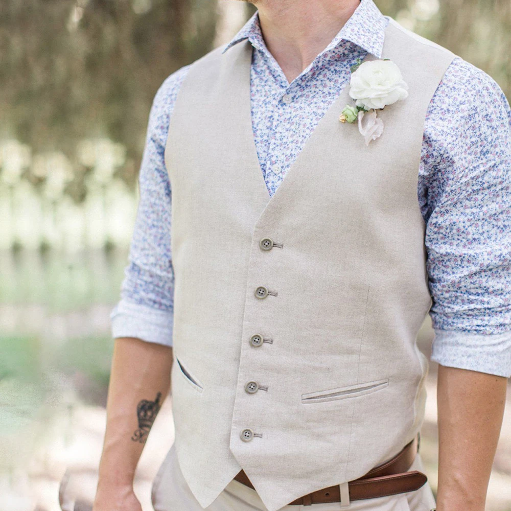 Linen Suit Male Single Breasted Vests for Men Waistcoat Slim Summer Casual Sleeveless Jacket V-Neck Clothes Suits Blazer Men's