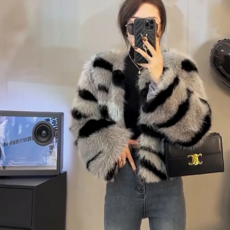 Winterthicker Warm Faux Fur Jacket Women's Striped Short Coat Crop Top Plus Size Cardigan Fashion Fluffy Outerwear
