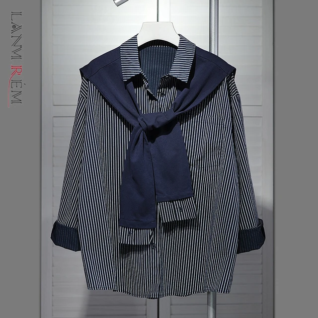 LANMREM Korean Style Atmosphere Shawl Striped Shirt Women Two-Piece Set Top 2025 New Autumn Casual Blouse High Quality 2DB4526