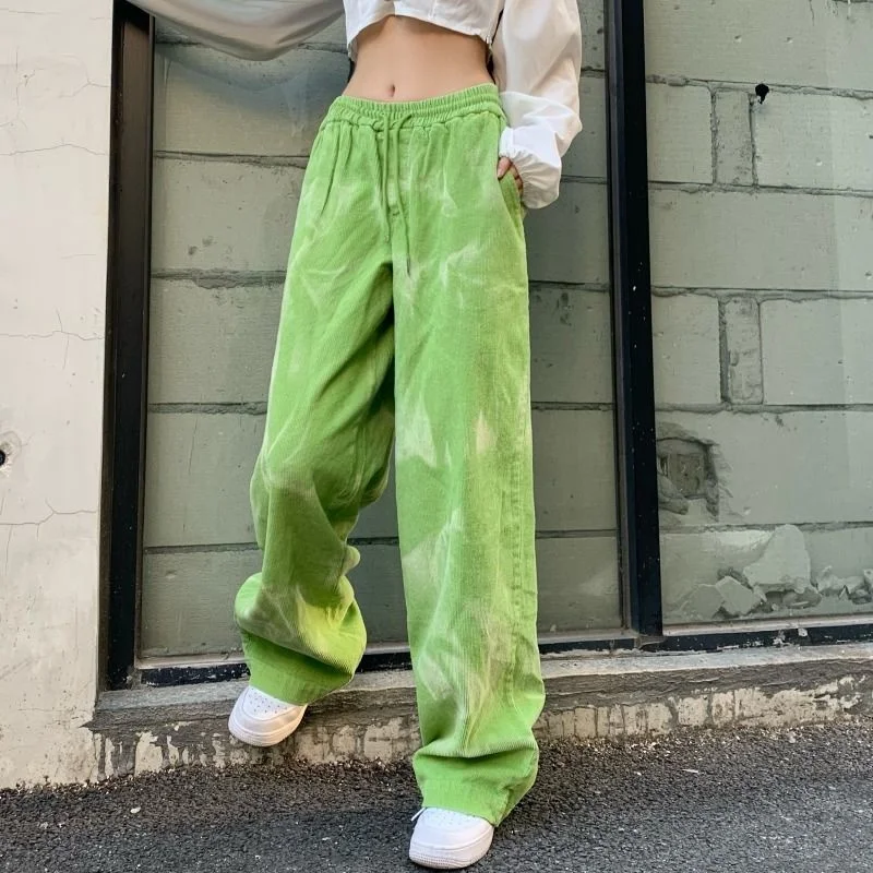 dress pants Y2K Green Corduroy Casual Streetwear Pants Women's Spring Harajuku Style High Waist Loose Straight Drawing Wide Leg Pants work trousers