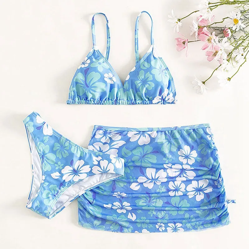 Kids Bikini swimsuit Halter Bra + Briefs + Drawstring Beach Skirt 3-piece Sets Surfing Diving Bathing Beach Suspender swimsuit