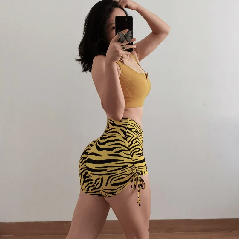 V Waist Hip Lifting Fitness Shorts Women's Quick-Drying Leopard Print Drawstring Sports Hot Pants Stretch Yoga Shorts Summer