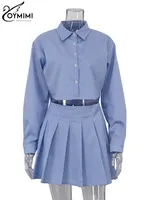 Oymimi Elegant Blue Striped Print Sets For Women 2 Pieces Fashion Long Sleeve Button Crop Tops And High Waist Pleated Skirts Set - Image 5