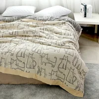 WASART Pure cotton twel muslin quilt blanket cartoon cat print luxury double bed summer bedspread thin duvet king size bedding 1