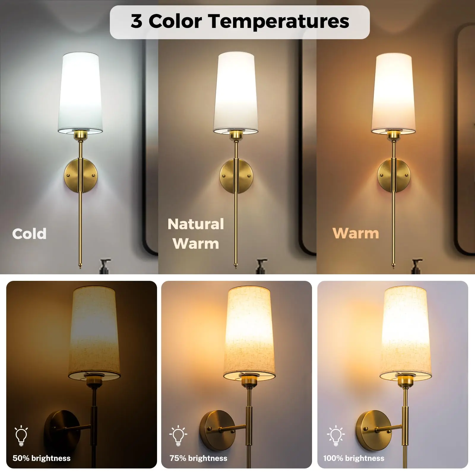 LED Wall Lamp NookNova 2Pack Gold Battery Operated Wall Sconces With Bulbs Wireless Rechargeable Powered Wall Lamp with Remote
