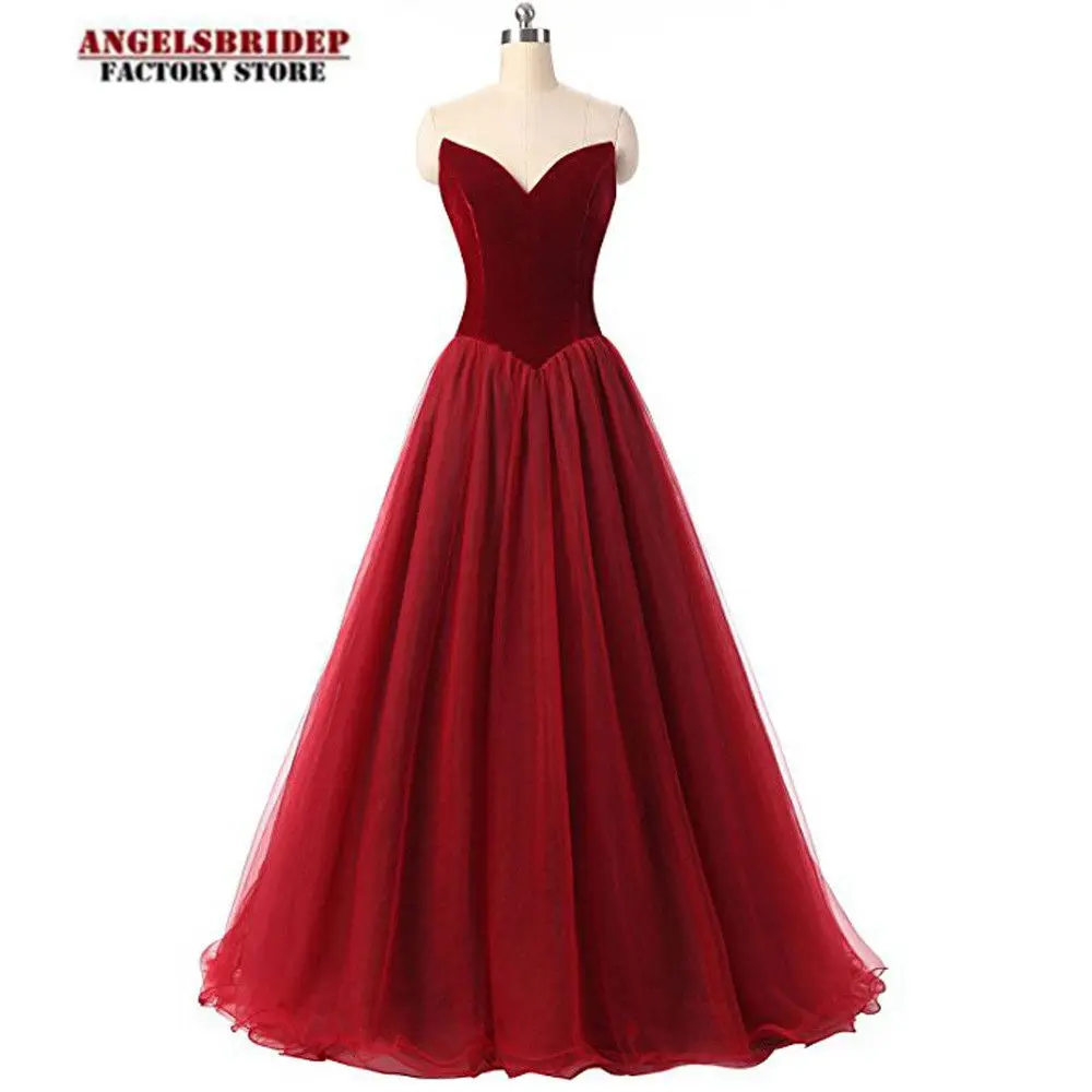 

ANGELSBRIDEP Red Carpet Long Prom Dresses Party Gowns Burgundy Tulle Velvet Vestidos De Festa Celebrity Formal Evening Gowns