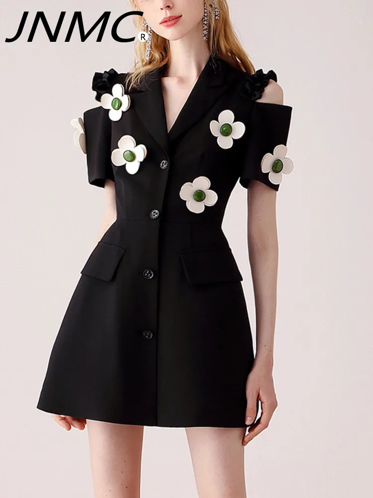 

JNMC 2024 Women's Spring Summer Black Haute Couture Suit Jacket Three-dimensional Flower Cutout Shoulder Slim-fit Dress Skirt
