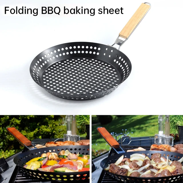 Non-stick Metal Grilling Skillet with Folding Wooden Handle Grill Skillet  Pan with Holes Removable Handle for Outdoor Grill Topper Barbecue Pan for