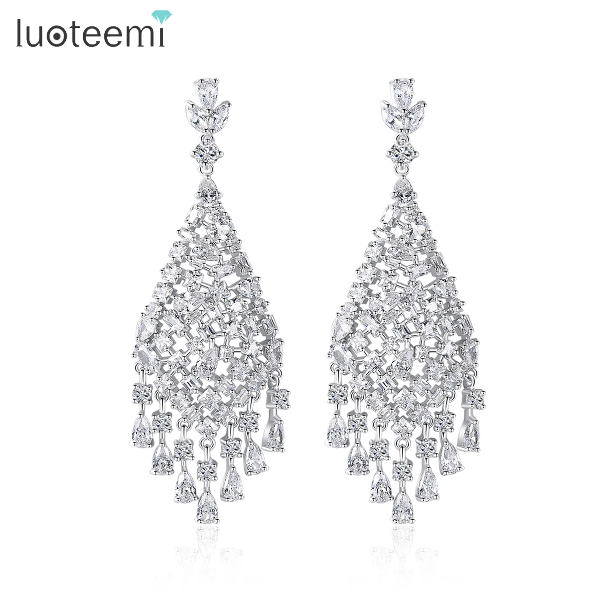 

LUOTEEMI Trendy Charm Clear Shiny Cubic Zircons Tassel Drop Earrings For Women Multiple CZ Beads Wedding Bridal Party Jewelry