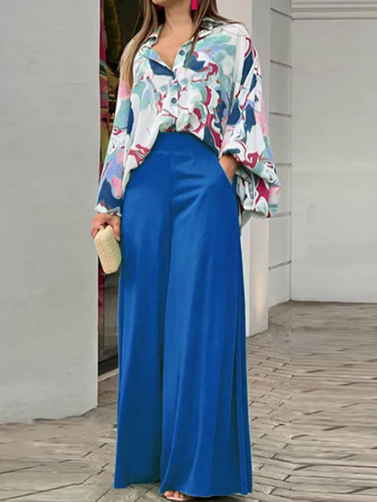 

Женский комплект из двух предметов, осенняя рубашка с принтом и широкие брюки с высокой талией, 2022