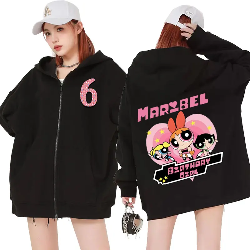 Cute Powerpuff Girls Family Birthday Zipper Hoodies Uomo Donna Estetica Fashion Jacket Felpa Casual Cartoon Zip Up Felpa Con Cappuccio