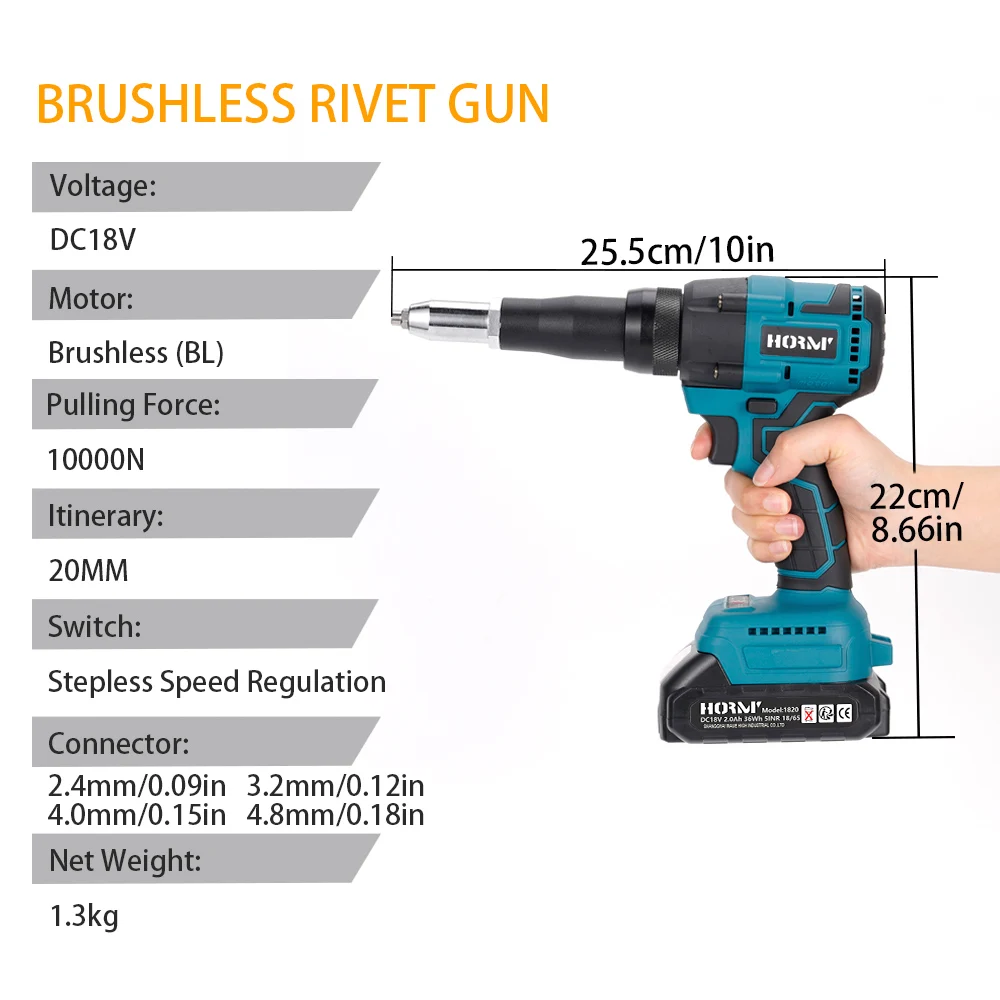 Hormy Brushless Electric Rivet Gun 11000N Cordless Rivet Nut Gun LED Auto Drill Rechargeable Power Tool For Makita Battery