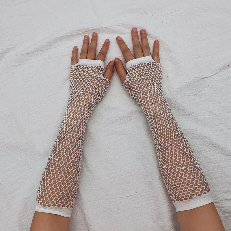 Women Sexy Fishnet Shiny Transparent Pole Dancing Stretch Long Fingerless Gloves Stage Performance Cosplay Mesh Personality