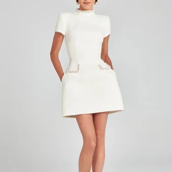 Talenza Women's Elegant Tweed A-Line Dress Solid Slim Fit Y2k Short Sleeve Dress Retro O-Neck Patchwork Luxury Evening Dress 6