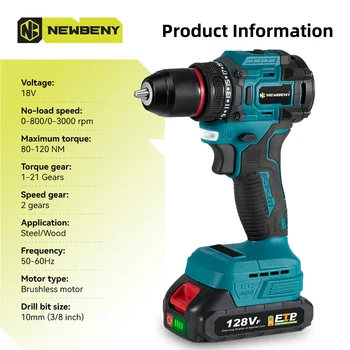 NEWBENY 10MM Brushless Electric Impact Drill 21 Gears Cordless Multi-Screwdriver Home Power Tools Sets For Makita 18V Battery 2