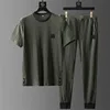 New Summer Ice Silk Casual Sports Suit Men's Pleated Thin t shirt + Pants Two Piece Set Men's High Quality Breathable Tracksuit 1