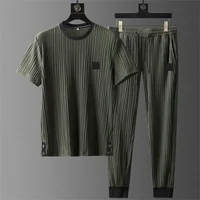 New Summer Ice Silk Casual Sports Suit Men's Pleated Thin t shirt + Pants Two Piece Set Men's High Quality Breathable Tracksuit 1