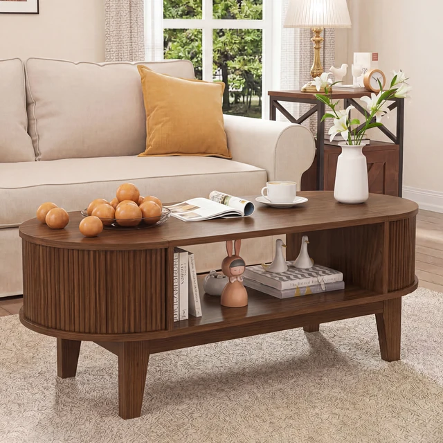 Table basse moderne Fangange, table ovale en bois de noyer 100x50x50 cm avec étagère ouverte, table de salon avec rangement dissimulé 1