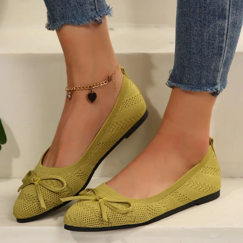 New Women's Knitted Slip on Flats Breathable Comfortable Bowtie Walking Shoes Casual Pointed Toe Walking Sneakers Loafers 5