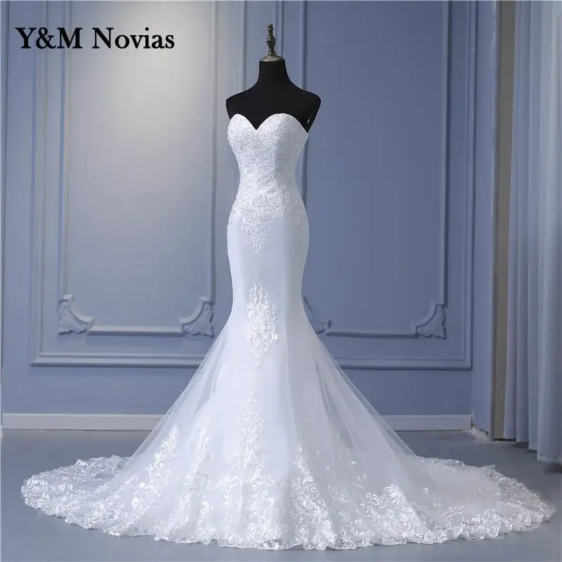 Y&M New Arabic Aso Ebi Vintage Lace Beaded Sequined Wedding Dresses Strapless Mermaid Bridal Dress Sexy Customized Wedding Gowns 4