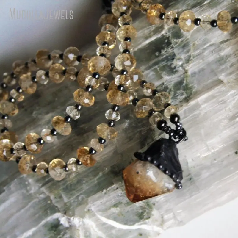 

NM48893 Soldered Jewelry Raw Citrine Crystals Healing Stones Free Form Beaded Necklace Antique Silver Plated Witch Wicca Gift