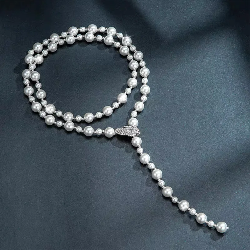 Leichte Luxus-Perlenblatt-Pullover-Kette für Damen, High-End-Feeling, vielseitige Perlenketten, bezaubernder Schmuck – Detail 4