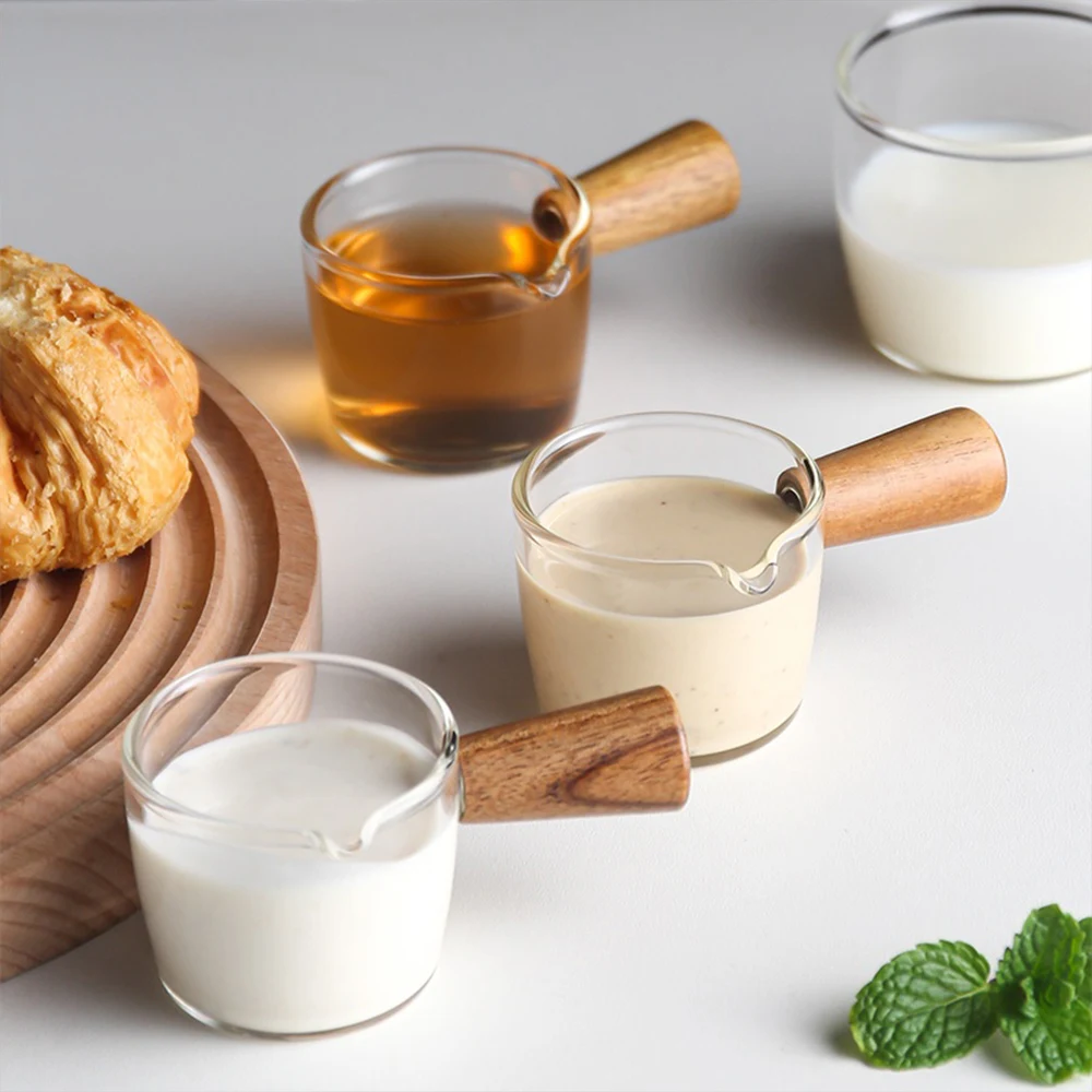 50/100ml Wood Handle Glass Espresso Measuring Cup Milk Cup Multi-functional Kitchen Measure Mug Coffee Supplies Clear measuring cup