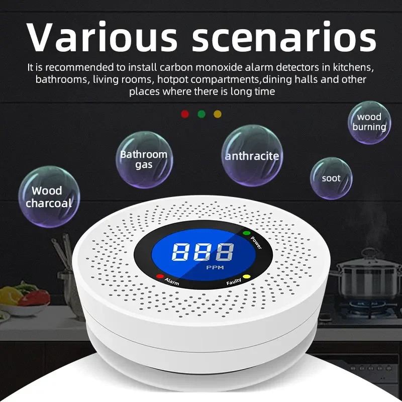Security Protection Carbon Monoxide Detector CO Monitor Poisoning Alarm LCD Digital Display Home Indoor Real-Time Control