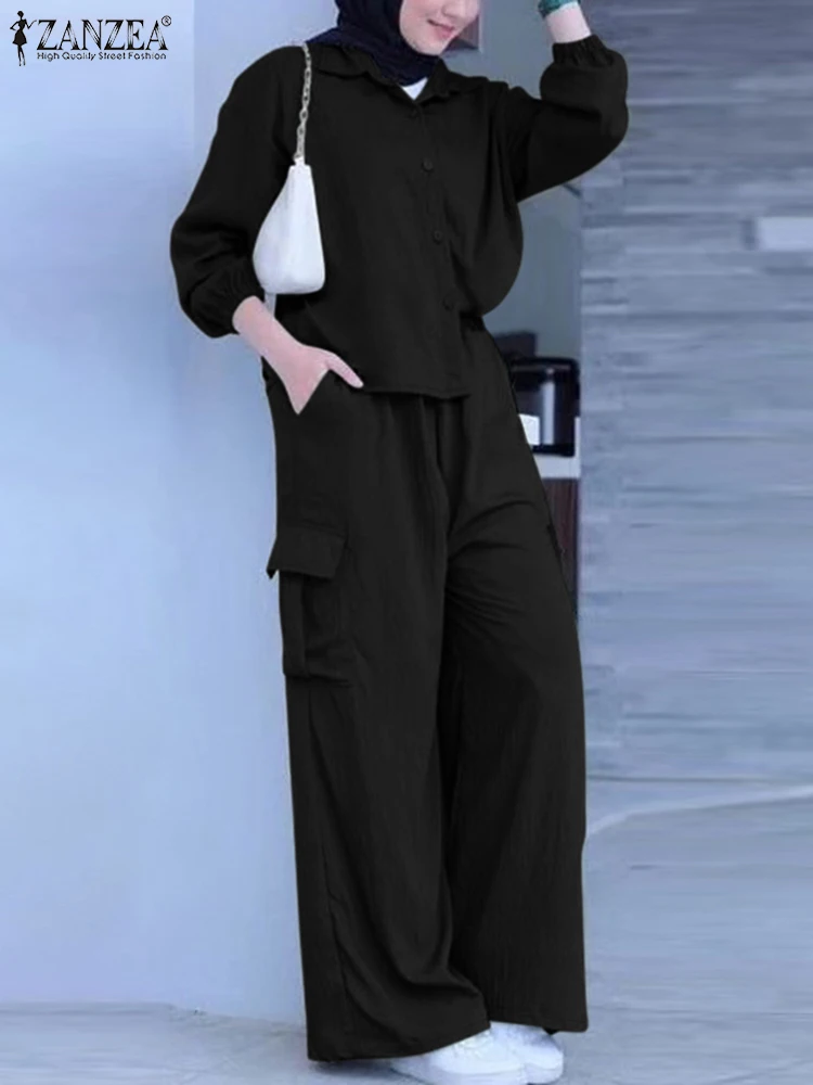 ZANZEA Fashion Cargo Pants Sets Women Autumn Muslim Sets 2PCS Long Sleeve Shirt Solid Trousers Suits Casual Islamic Clothing